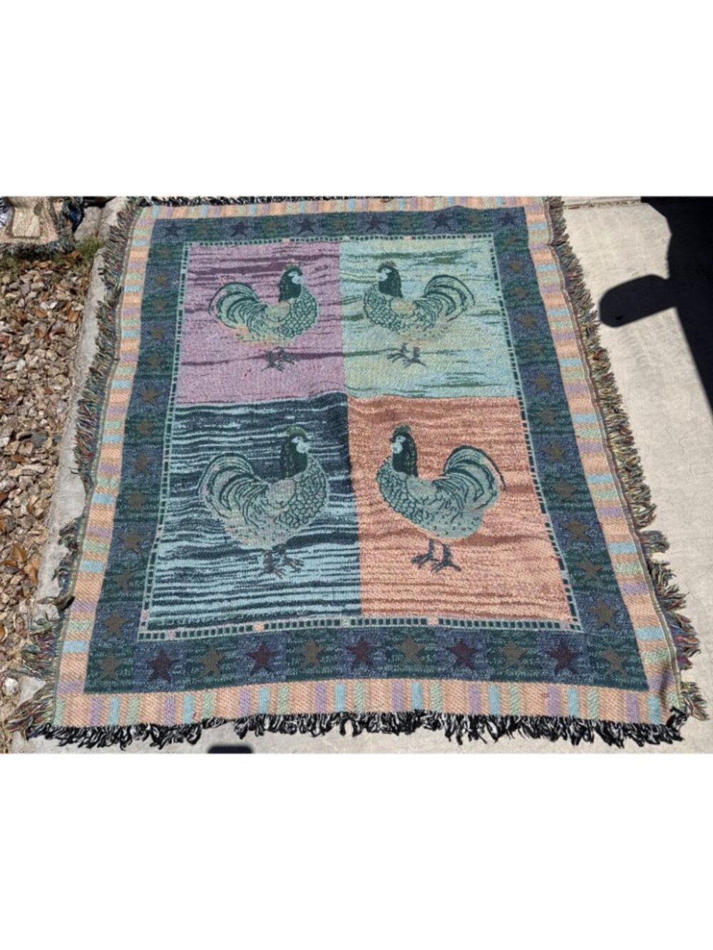 Vintage Warren Kimble Rooster Chicken Block Tapestry Throw Blanket Fringe 50x60" - Picture 5 of 8